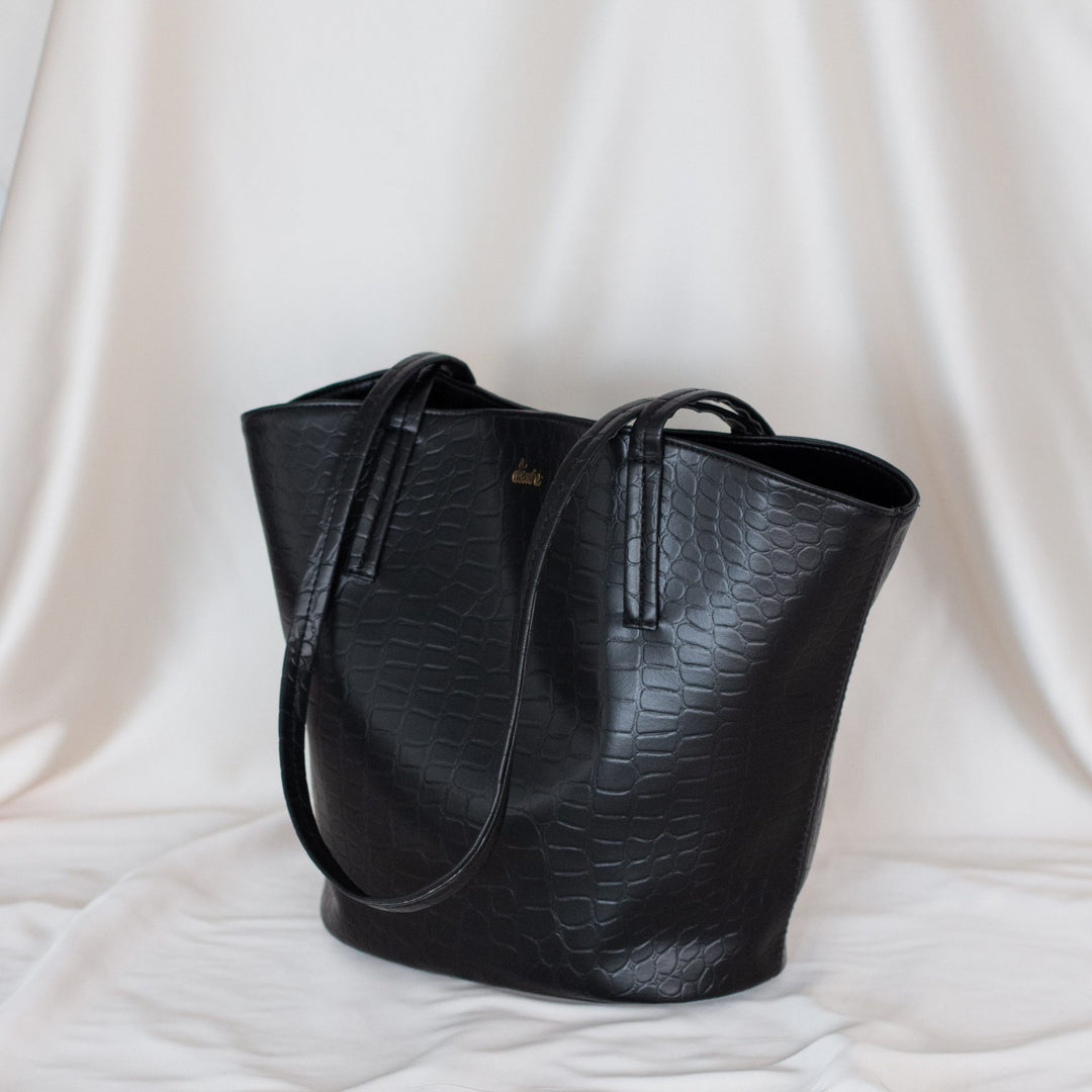 Grand sac en cuir vegan noir effet crocodile Alénore