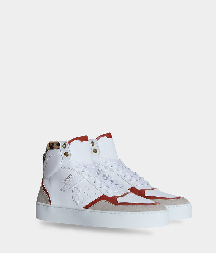 Sneaker Matéo montante biosourcée &amp; recyclée terracotta-léopard 3/4 face - basket éthique, écoresponsable et vegan.