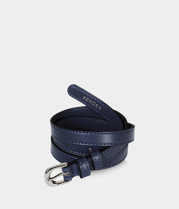 Ceinture femme vegan Apple Skin marine et boucle laiton nickel vernis, Haute maroquinerie végane