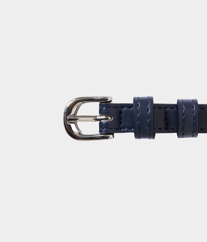 Ceinture femme vegan Apple Skin marine et boucle laiton nickel vernis, Haute maroquinerie végane