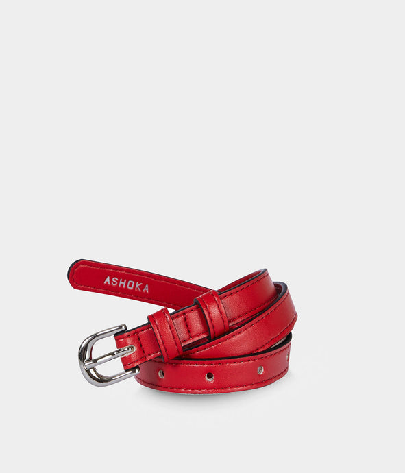 Ceinture femme vegan Apple Skin rouge et boucle laiton nickel vernis, Haute maroquinerie végane