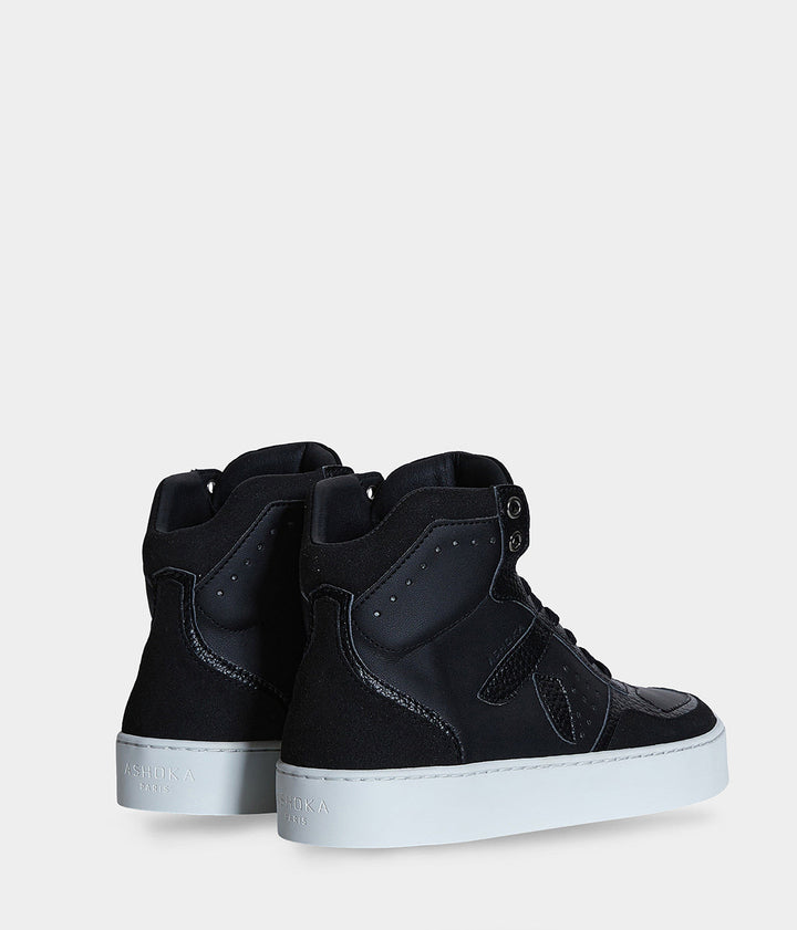 Sneaker Matéo montante biosourcée &amp; recyclée noire 3/4 arrière - Tennis éthique, écoresponsable et vegan