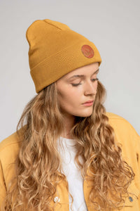 bonnet ecologique en coton bio couleur moutarde