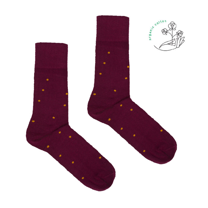Chaussettes bordeaux à pois moutarde