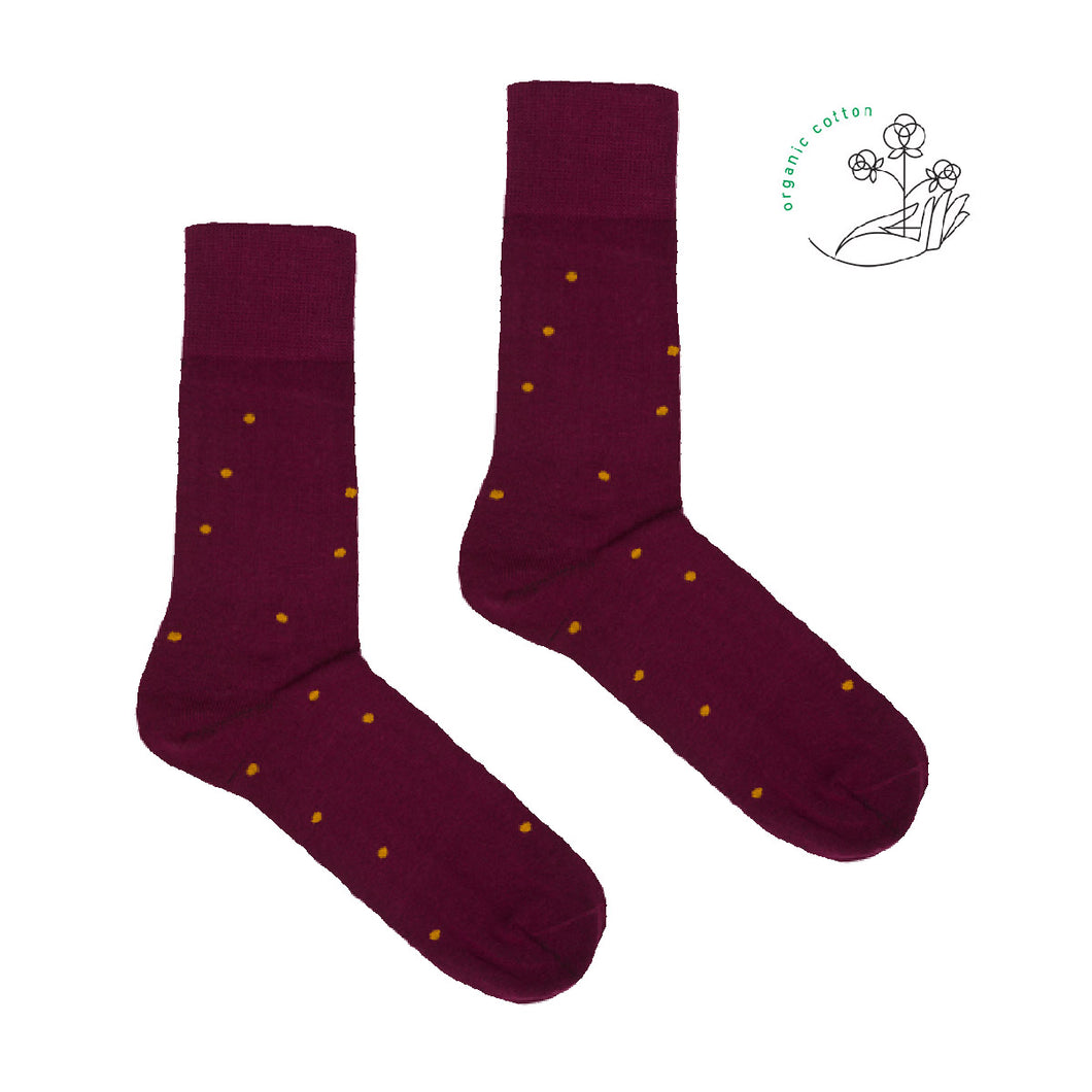 Chaussettes bordeaux à pois moutarde