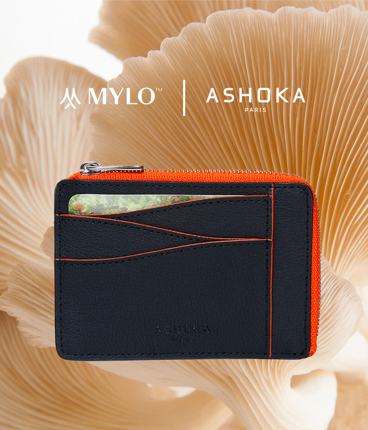 Grand porte-carte zippé Mylo™️ orange en mycélium, structure souterraine des champignons - éthique, écoresponsable, écologique, durable et sans cruauté